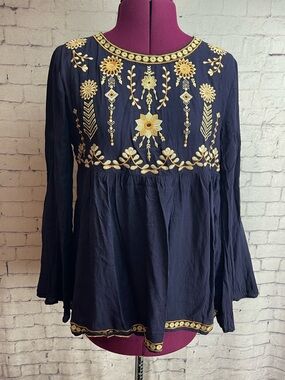 Jodifl size small long sleeve peplum blouse navy with yellow embroidery